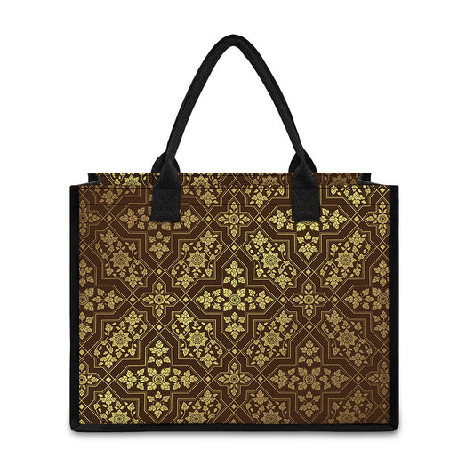 Gold And Brown Thai Pattern Print Canvas Tote Bag