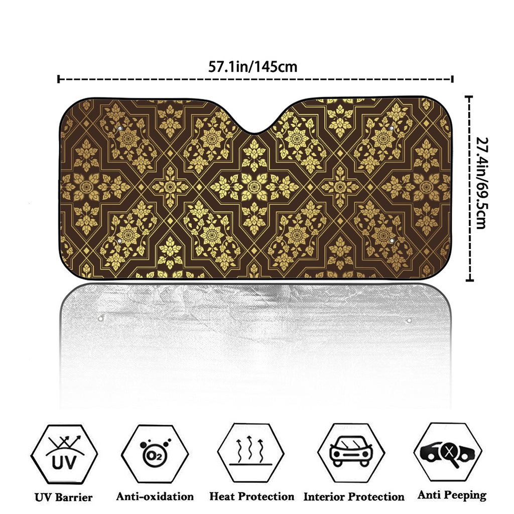 Gold And Brown Thai Pattern Print Car Windshield Sun Shade