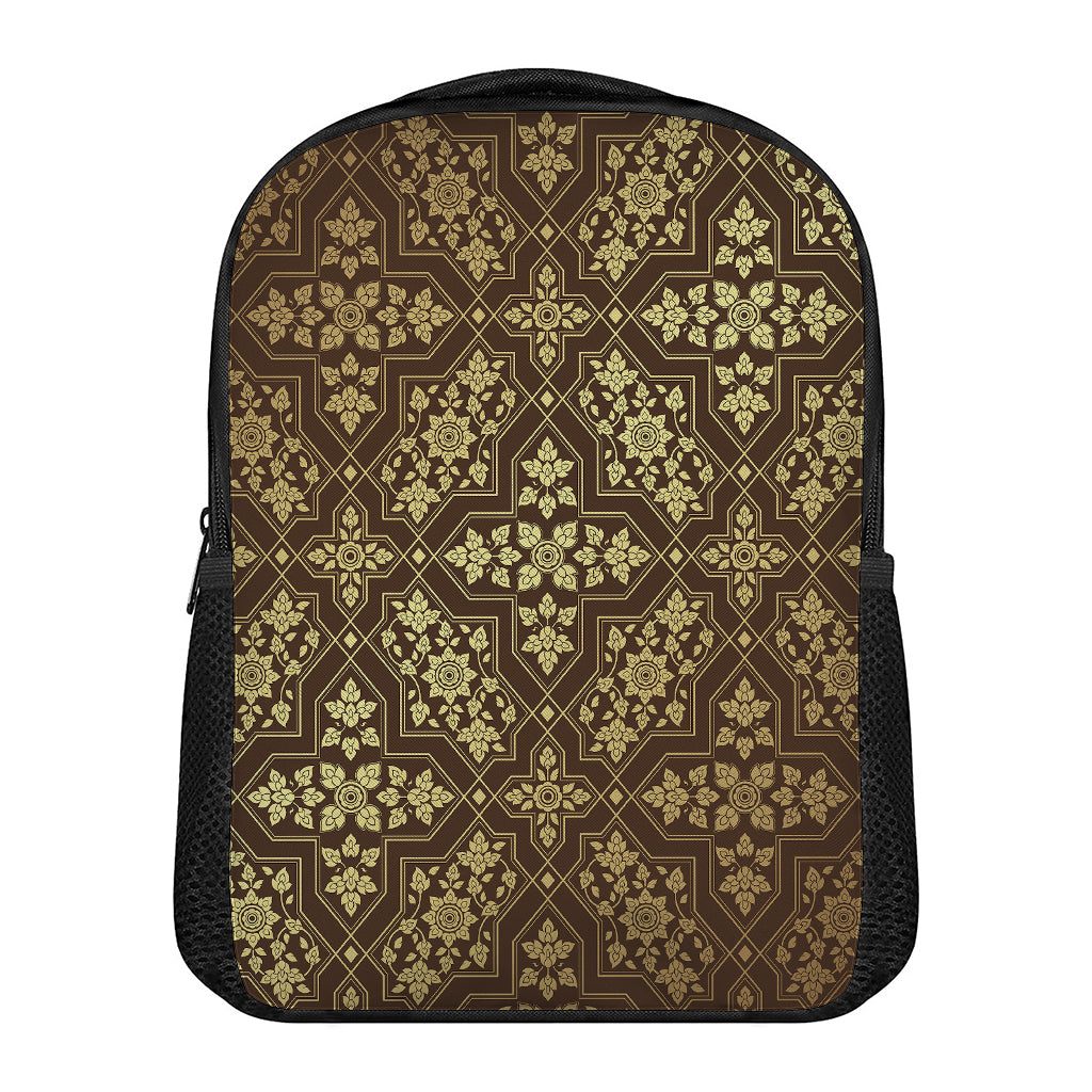 Gold And Brown Thai Pattern Print Casual Backpack