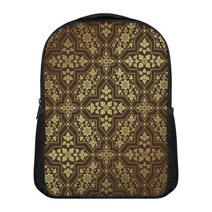 Gold And Brown Thai Pattern Print Casual Backpack