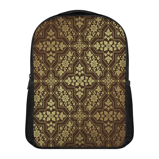 Gold And Brown Thai Pattern Print Casual Backpack