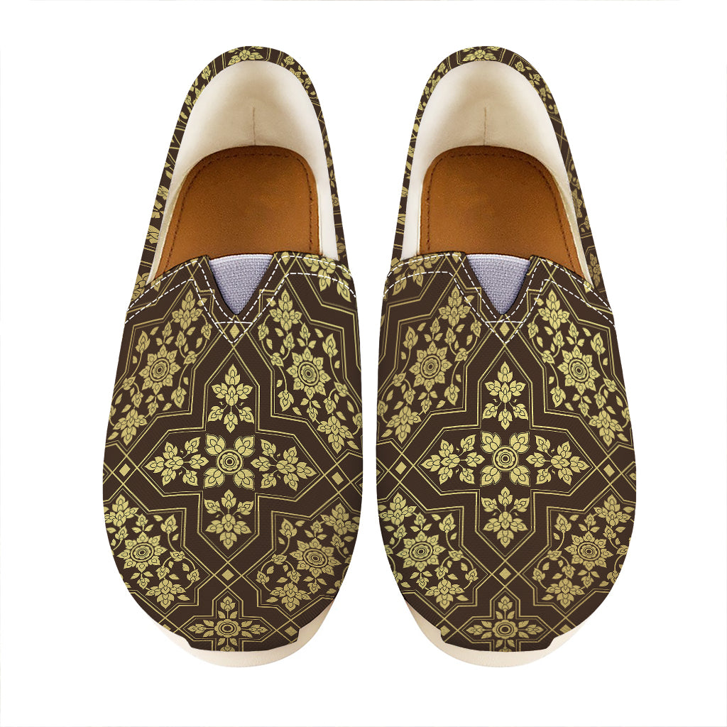 Gold And Brown Thai Pattern Print Casual Shoes