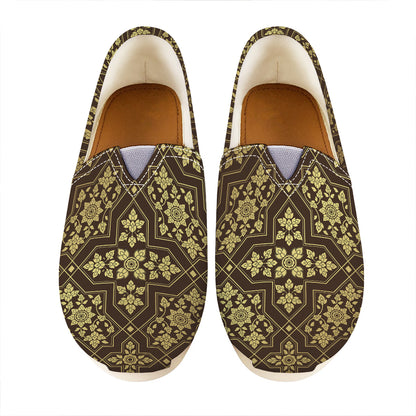 Gold And Brown Thai Pattern Print Casual Shoes