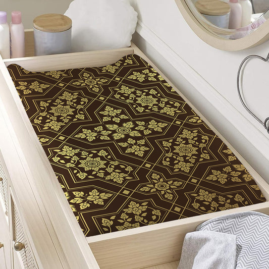 Gold And Brown Thai Pattern Print Changing Pad Cover