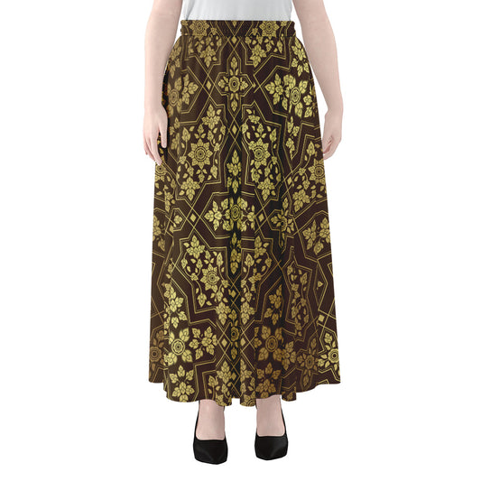 Gold And Brown Thai Pattern Print Chiffon Maxi Skirt