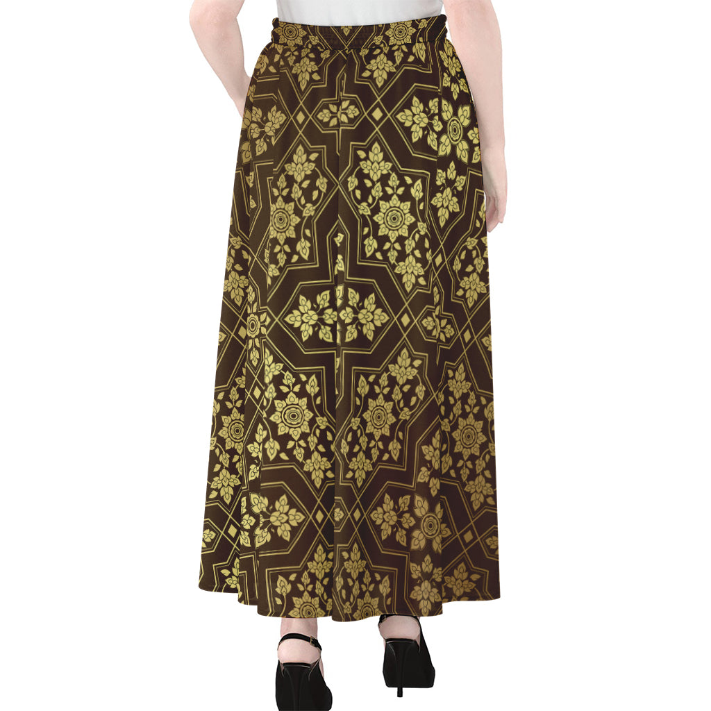 Gold And Brown Thai Pattern Print Chiffon Maxi Skirt