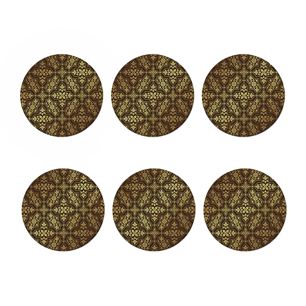 Gold And Brown Thai Pattern Print Coaster Set