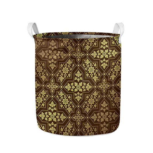 Gold And Brown Thai Pattern Print Collapsible Laundry Basket