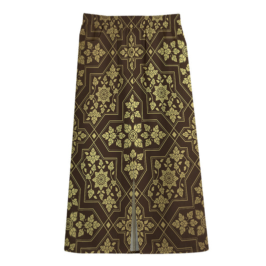 Gold And Brown Thai Pattern Print Cotton Front Slit Maxi Skirt