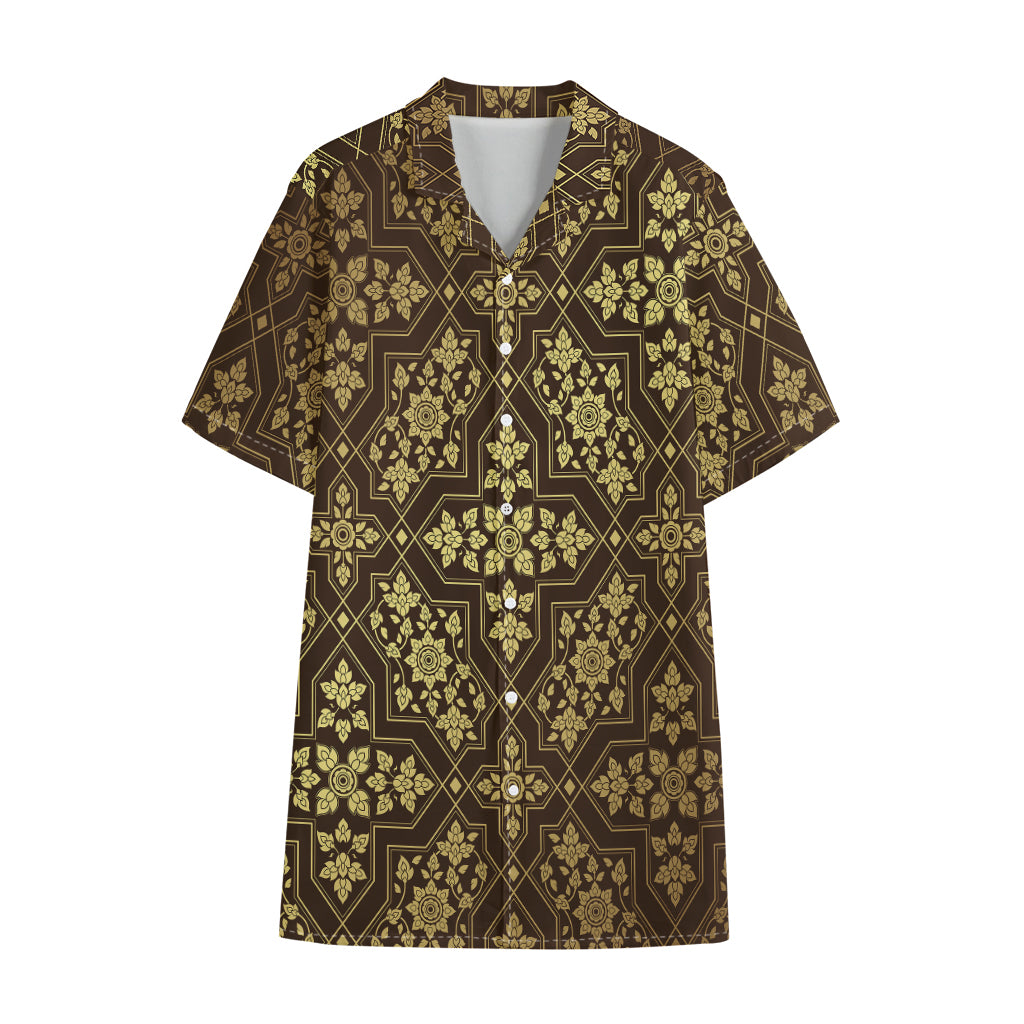 Gold And Brown Thai Pattern Print Cotton Hawaiian Shirt