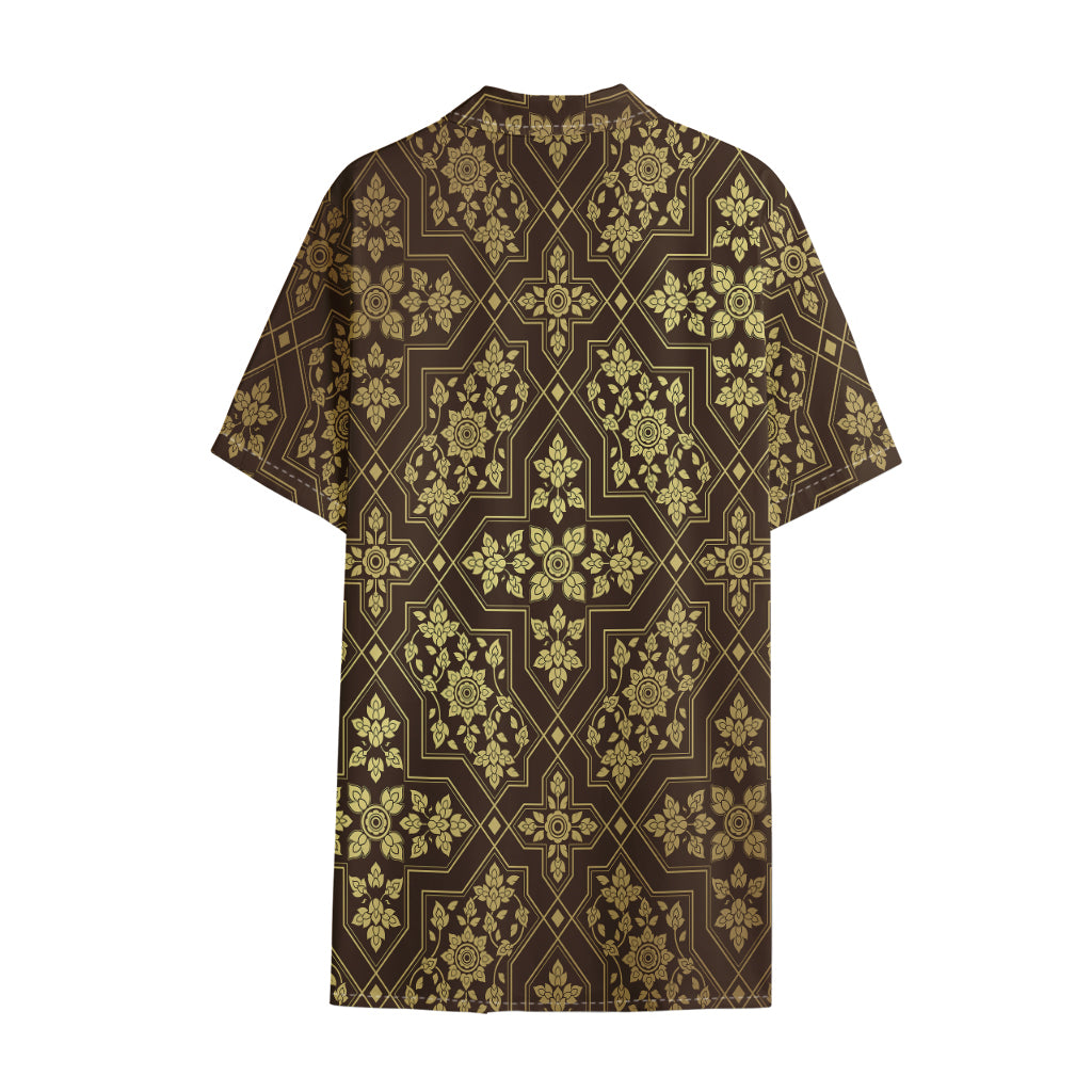 Gold And Brown Thai Pattern Print Cotton Hawaiian Shirt
