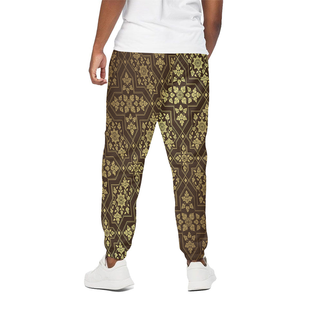 Gold And Brown Thai Pattern Print Cotton Pants