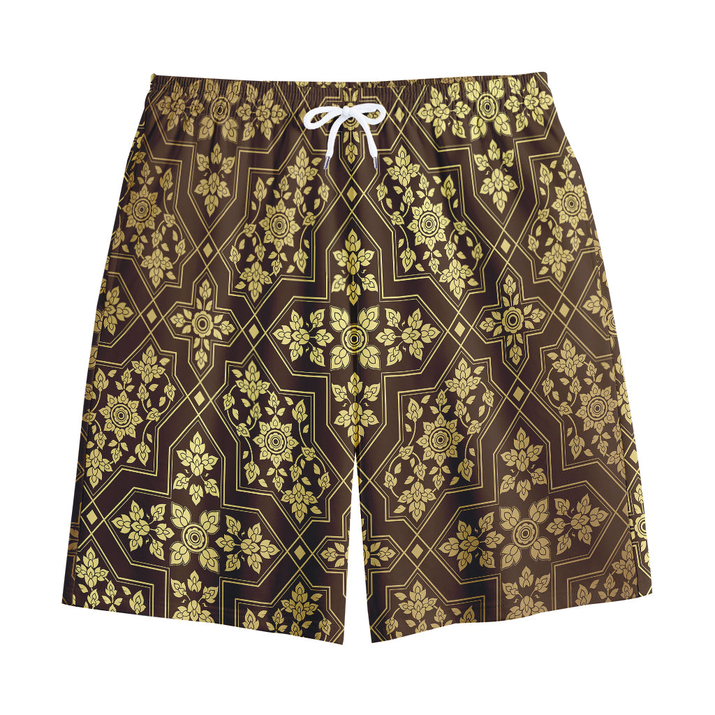 Gold And Brown Thai Pattern Print Cotton Shorts
