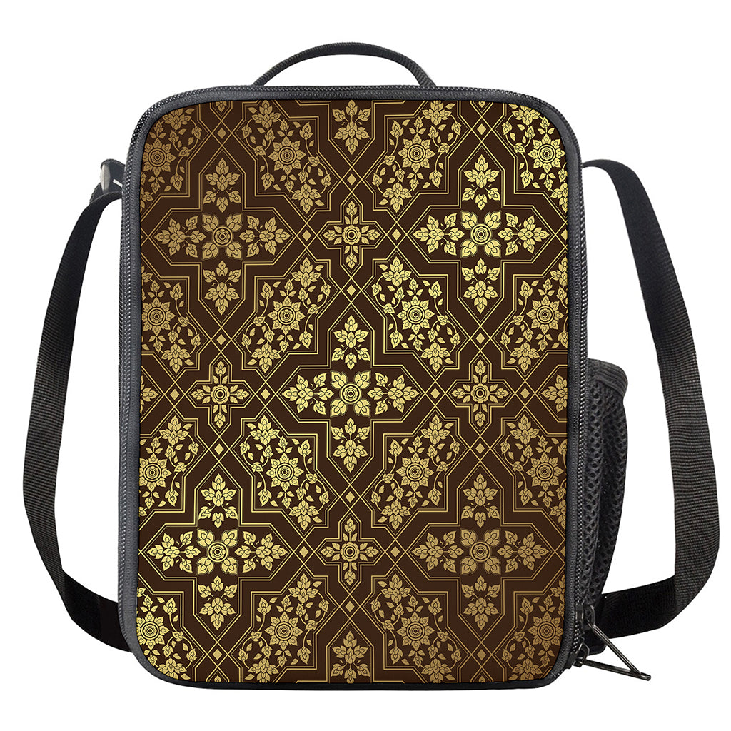 Gold And Brown Thai Pattern Print Crossbody Lunch Bag