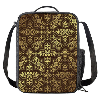 Gold And Brown Thai Pattern Print Crossbody Lunch Bag