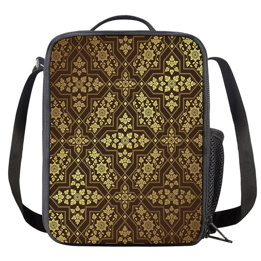 Gold And Brown Thai Pattern Print Crossbody Lunch Bag