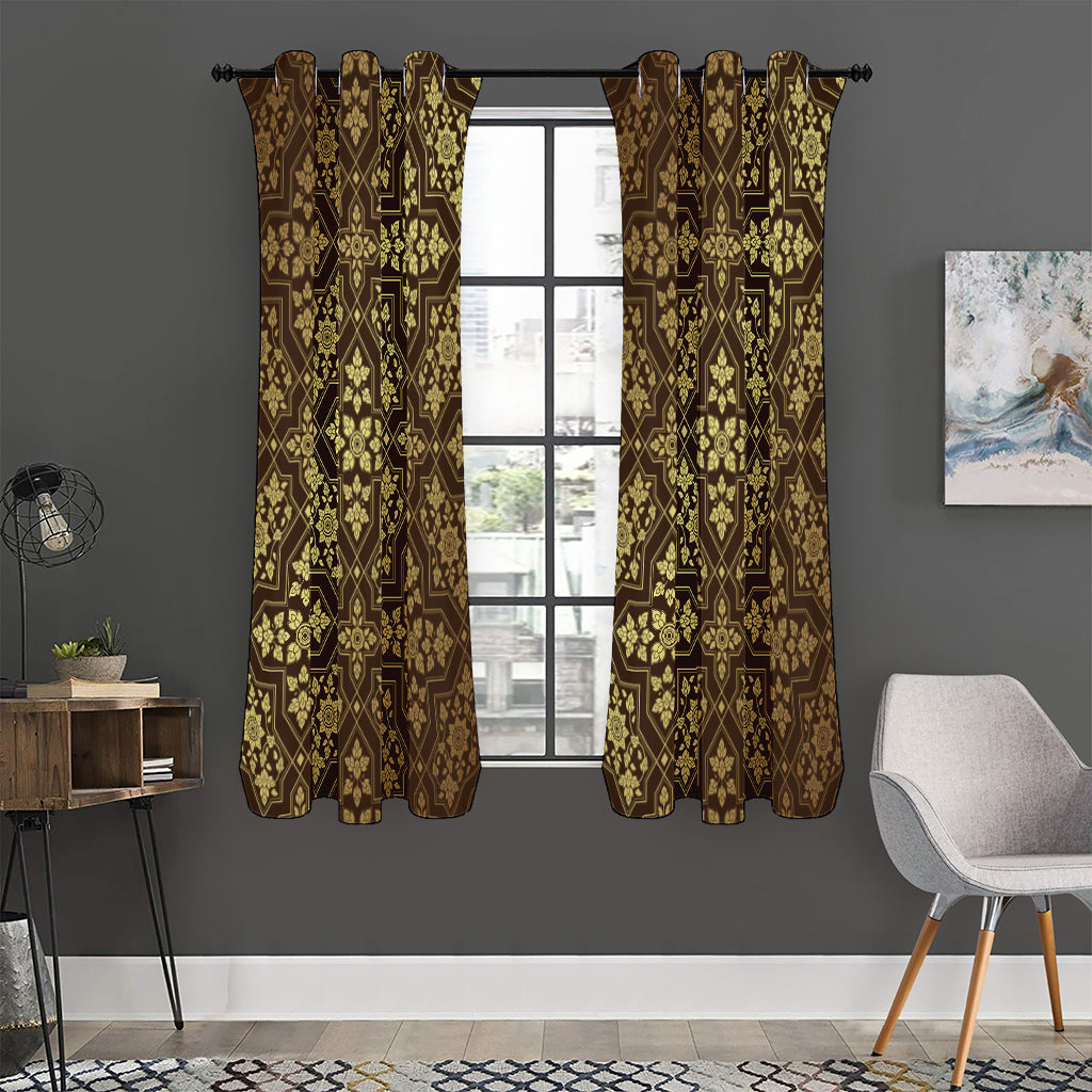 Gold And Brown Thai Pattern Print Curtain