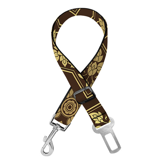 Gold And Brown Thai Pattern Print Dog Seat Belt