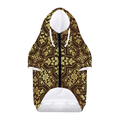 Gold And Brown Thai Pattern Print Dog Zip Up Hoodie