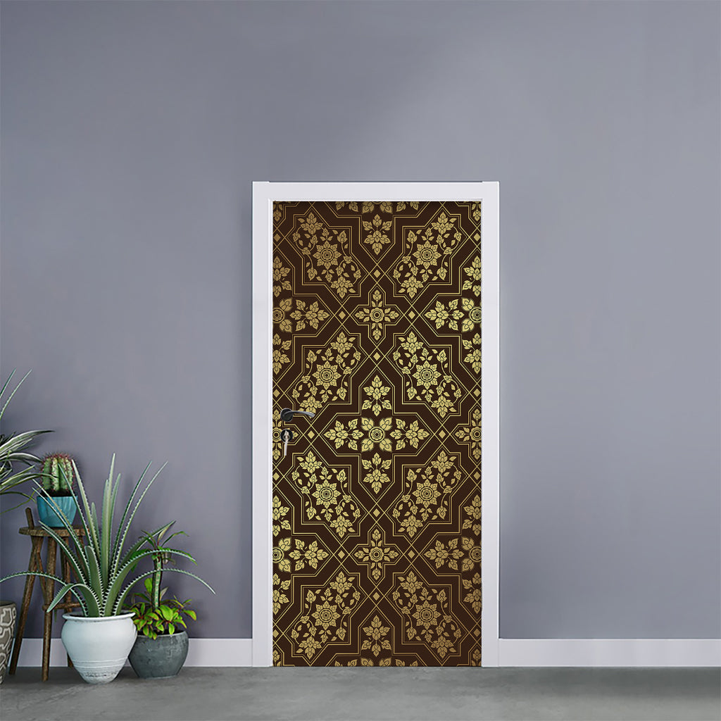 Gold And Brown Thai Pattern Print Door Sticker