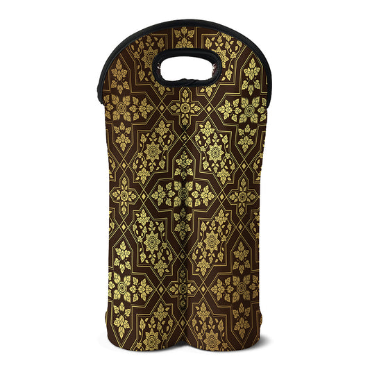 Gold And Brown Thai Pattern Print Double Neoprene Wine Tote