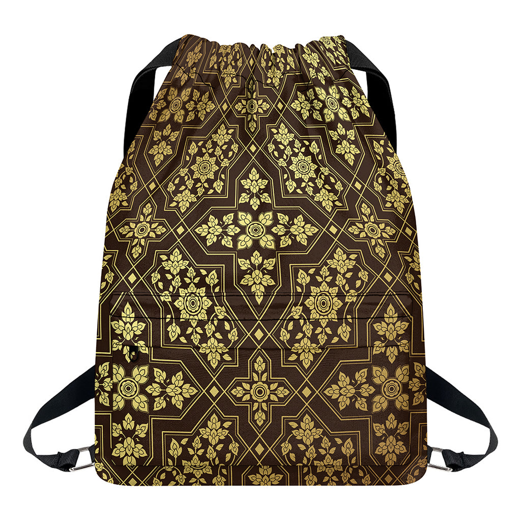 Gold And Brown Thai Pattern Print Drawstring Backpack