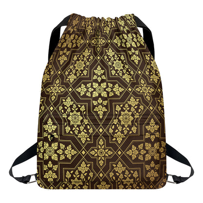 Gold And Brown Thai Pattern Print Drawstring Backpack
