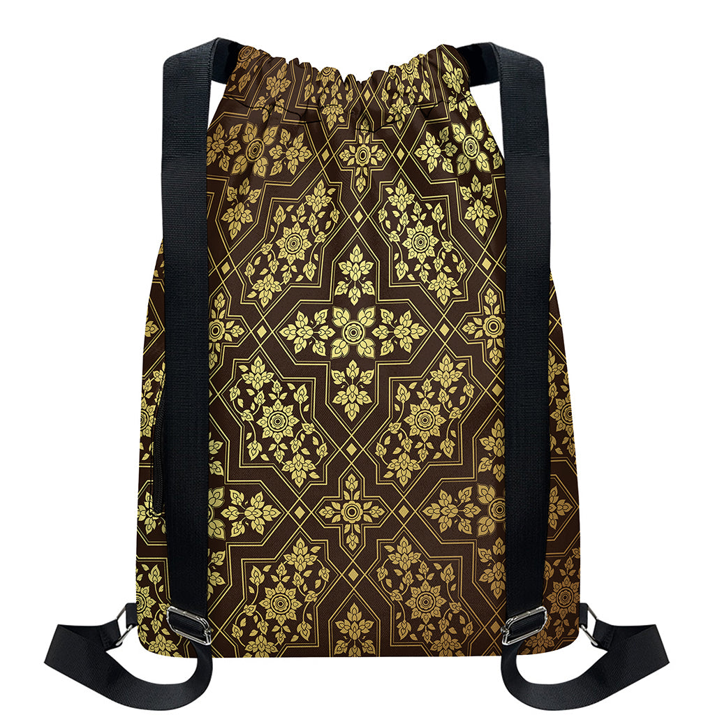 Gold And Brown Thai Pattern Print Drawstring Backpack