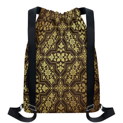 Gold And Brown Thai Pattern Print Drawstring Backpack