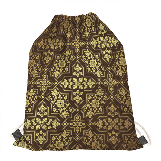Gold And Brown Thai Pattern Print Drawstring Bag
