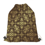 Gold And Brown Thai Pattern Print Drawstring Bag