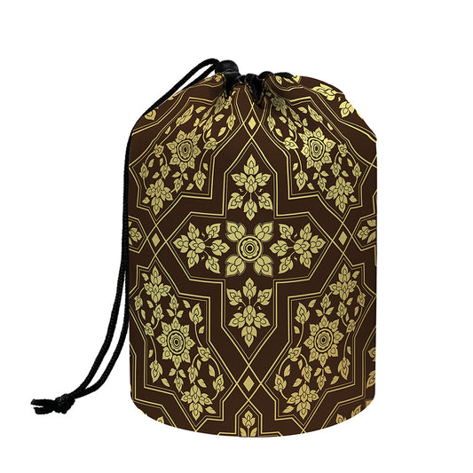Gold And Brown Thai Pattern Print Drawstring Makeup Bag