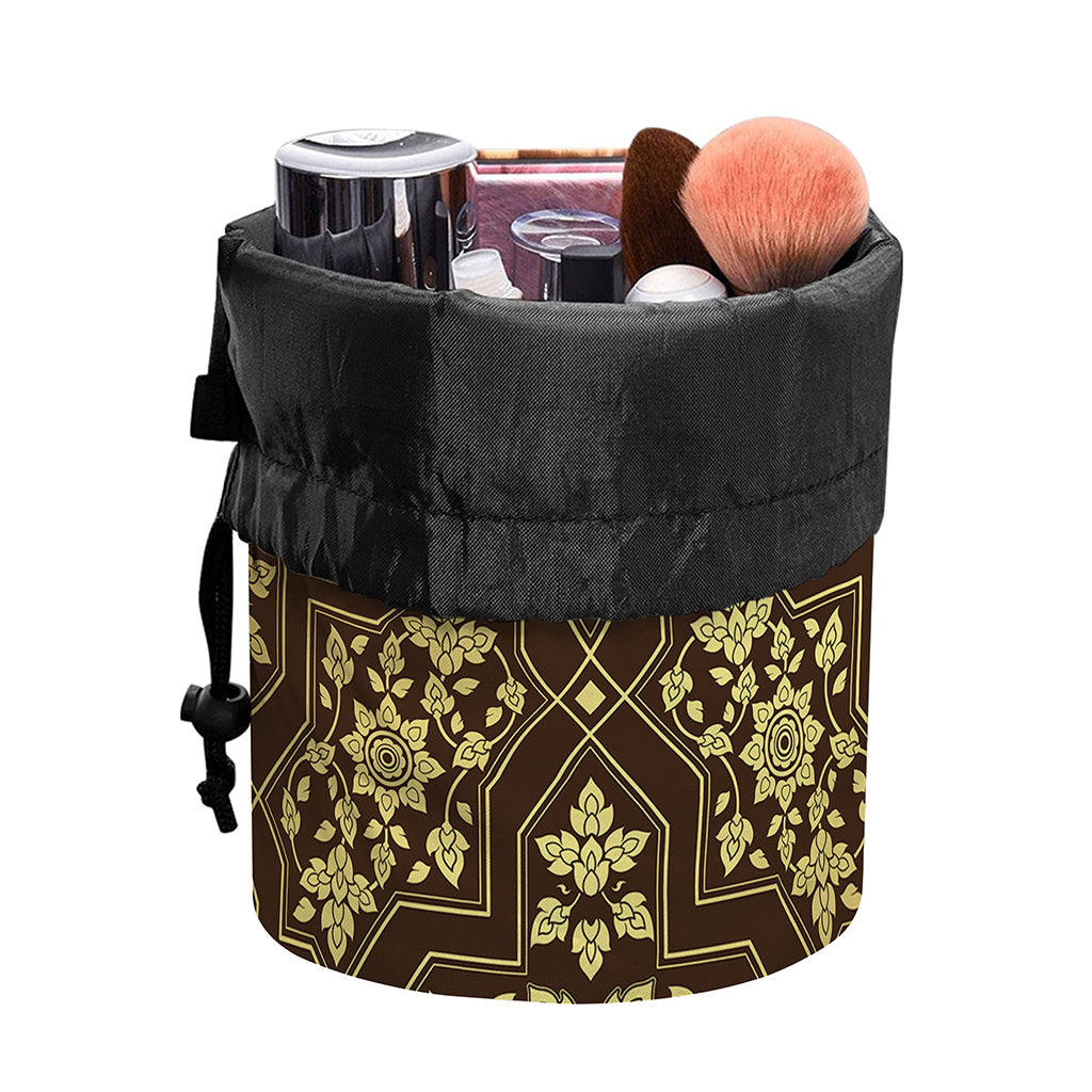 Gold And Brown Thai Pattern Print Drawstring Makeup Bag