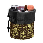 Gold And Brown Thai Pattern Print Drawstring Makeup Bag
