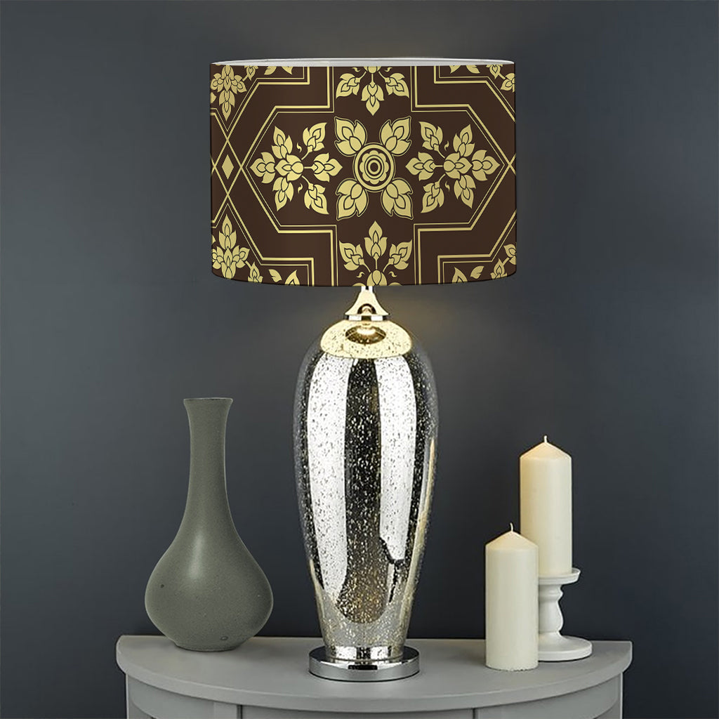 Gold And Brown Thai Pattern Print Drum Lamp Shade