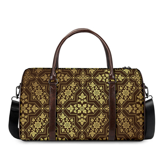 Gold And Brown Thai Pattern Print Duffle Bag