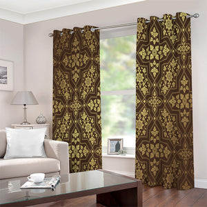 Gold And Brown Thai Pattern Print Extra Wide Grommet Curtains