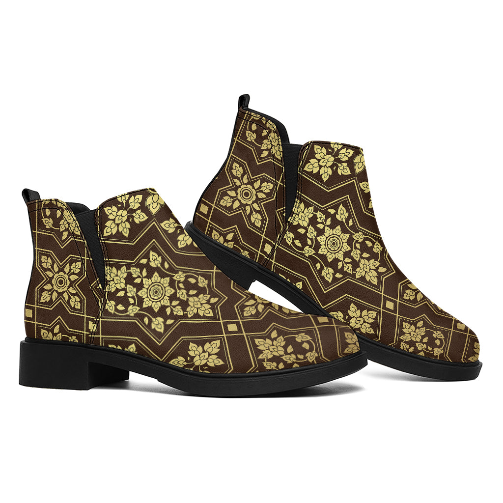 Gold And Brown Thai Pattern Print Flat Ankle Boots