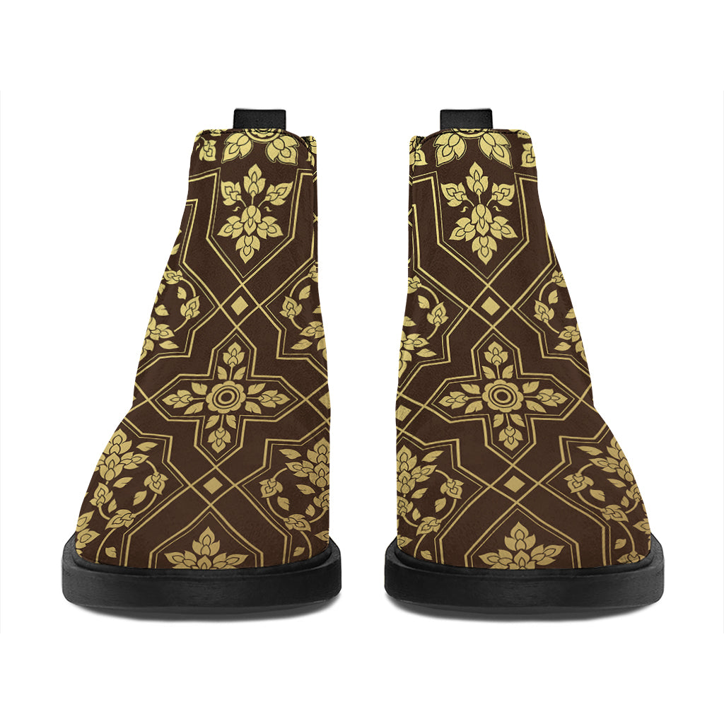 Gold And Brown Thai Pattern Print Flat Ankle Boots