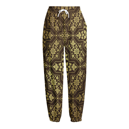 Gold And Brown Thai Pattern Print Fleece Lined Knit Pants