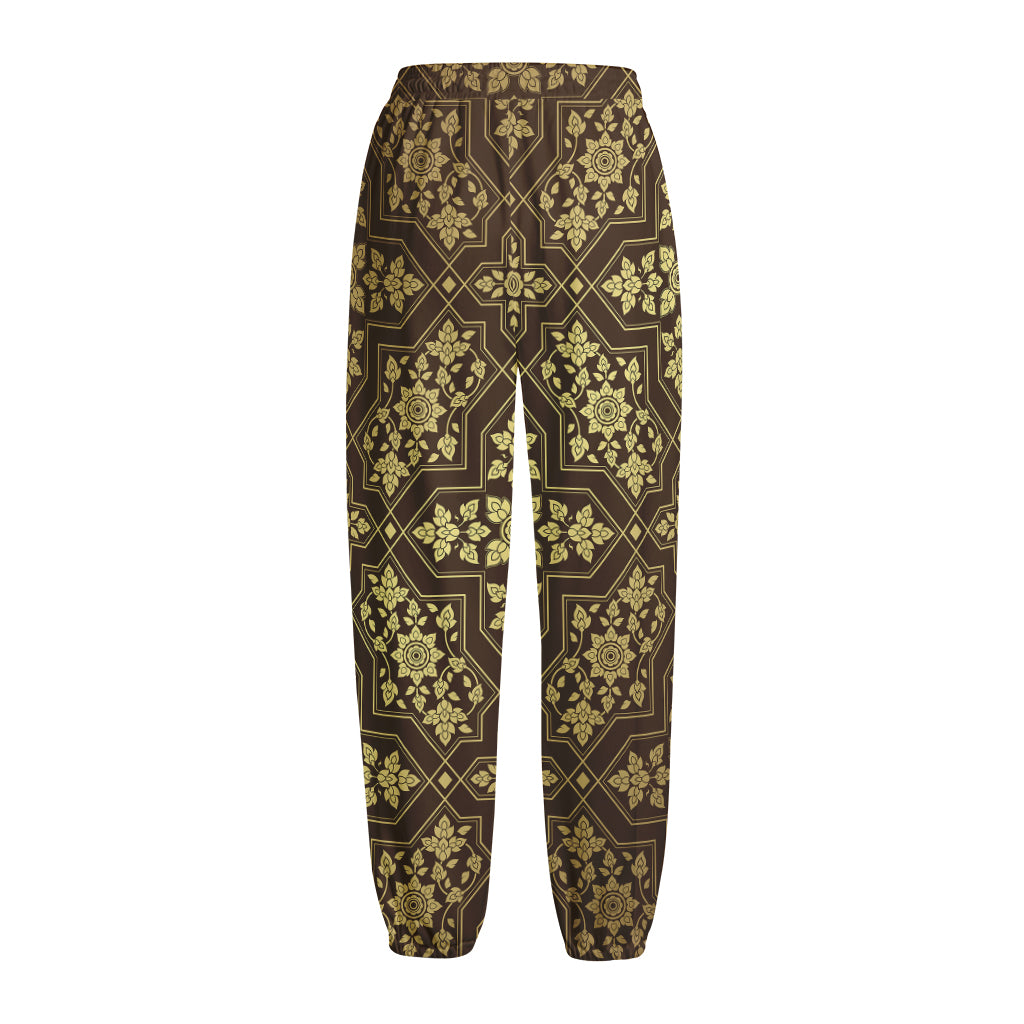 Gold And Brown Thai Pattern Print Fleece Lined Knit Pants