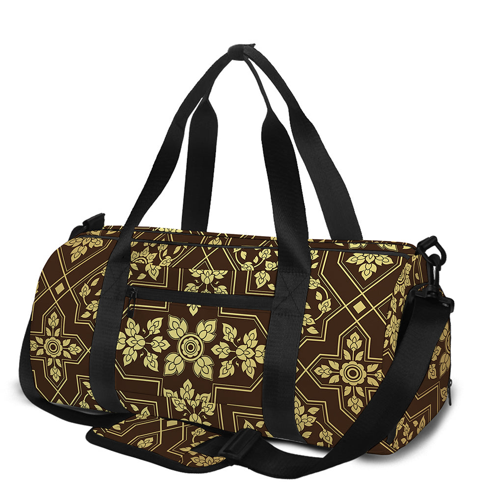 Gold And Brown Thai Pattern Print Gym Bag