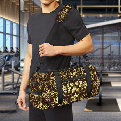 Gold And Brown Thai Pattern Print Gym Bag