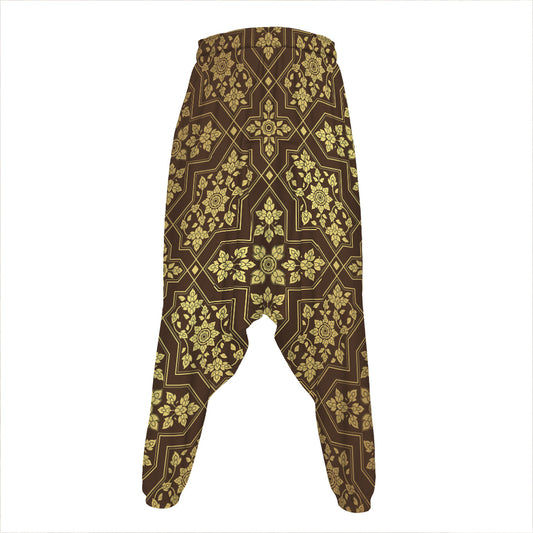 Gold And Brown Thai Pattern Print Hammer Pants
