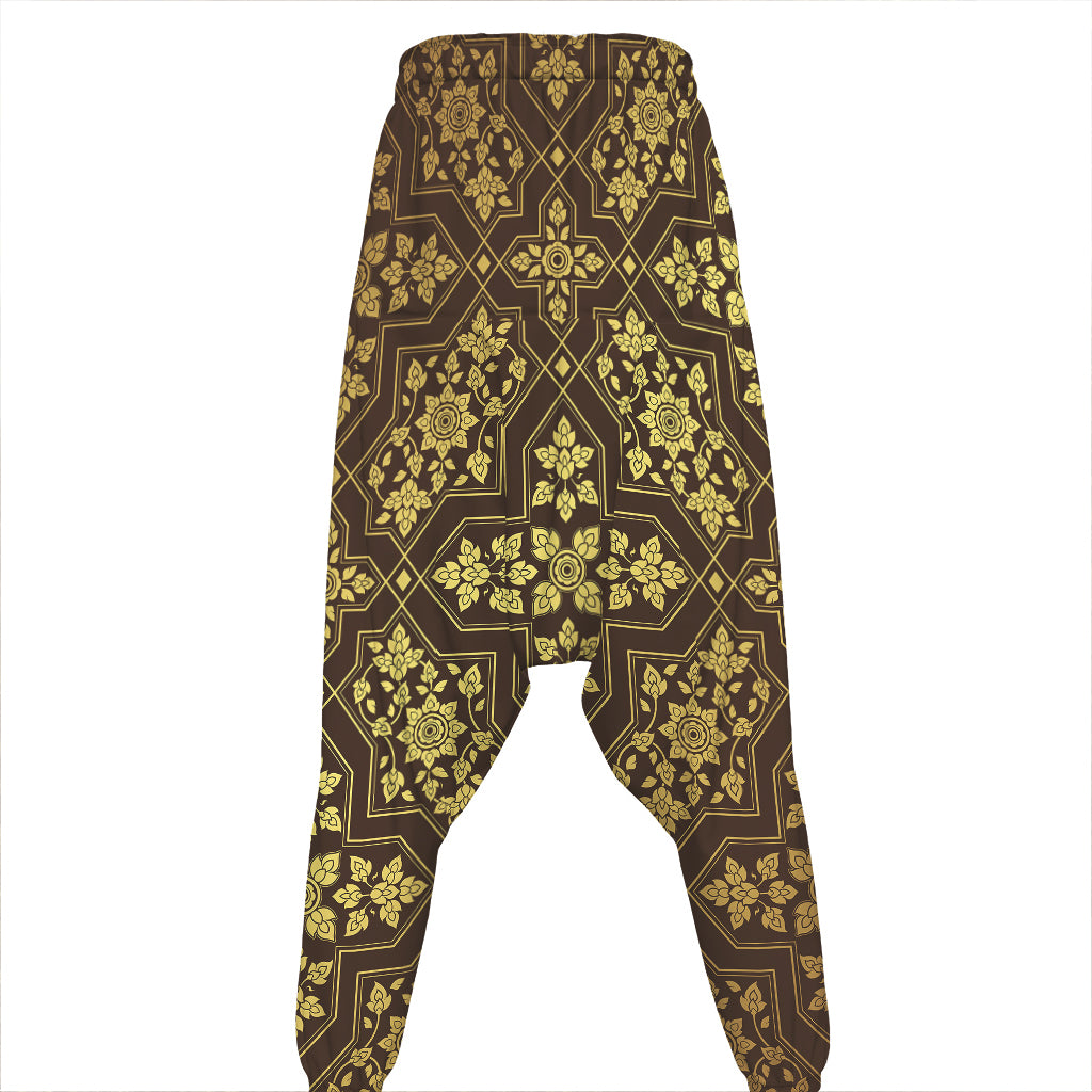 Gold And Brown Thai Pattern Print Hammer Pants