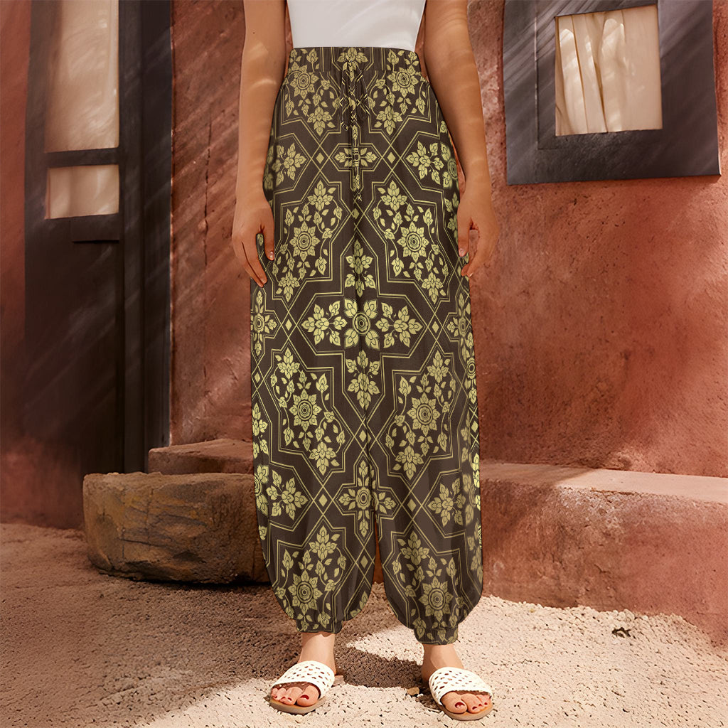 Gold And Brown Thai Pattern Print Harem Pants