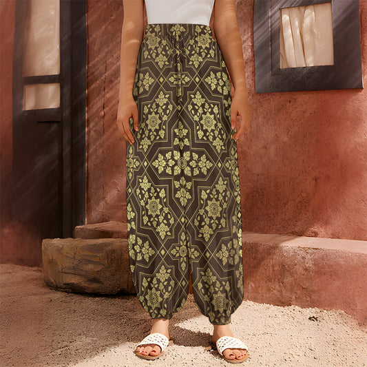 Gold And Brown Thai Pattern Print Harem Pants