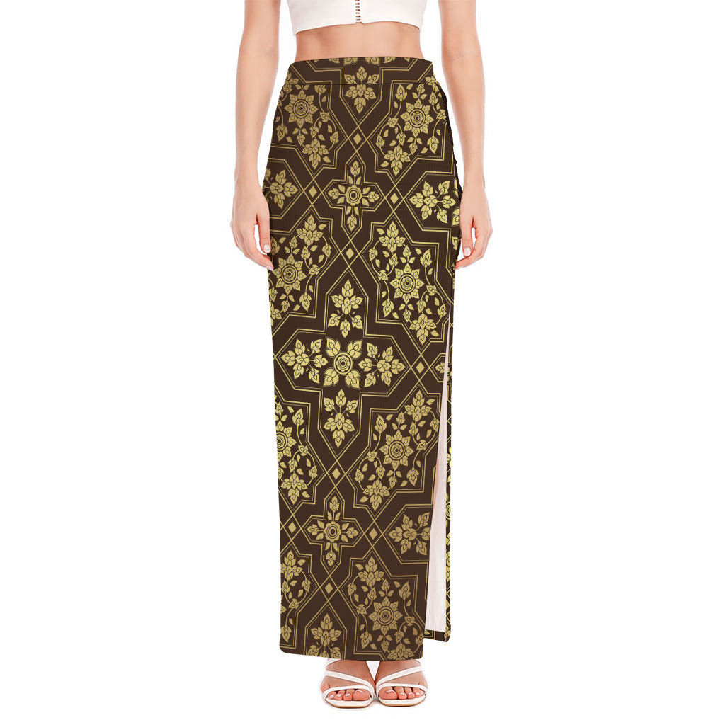 Gold And Brown Thai Pattern Print High Slit Maxi Skirt