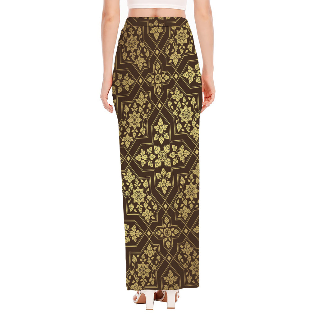 Gold And Brown Thai Pattern Print High Slit Maxi Skirt