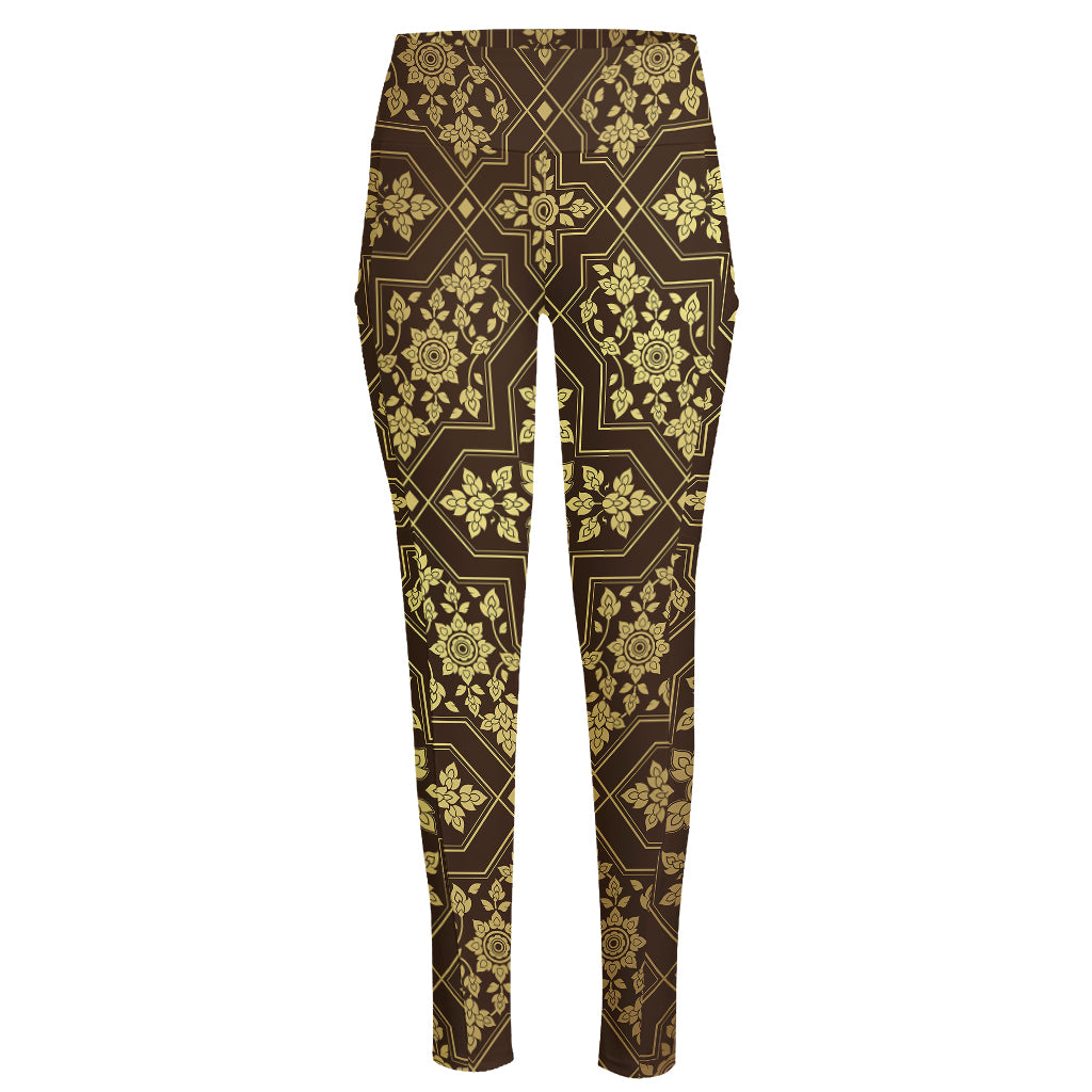 Gold And Brown Thai Pattern Print High-Waisted Pocket Leggings